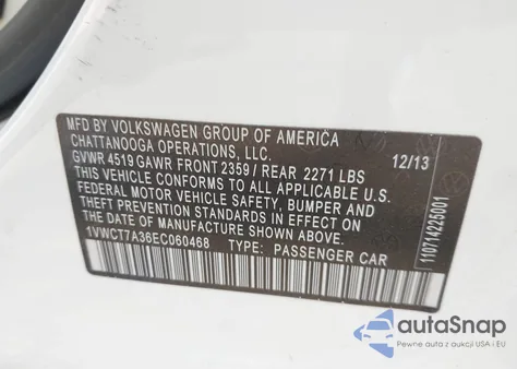 2014 Volkswagen Passat 1.8T Sel Premium z USA, uszkodzony, nr VIN 1VWCT7A36EC060468